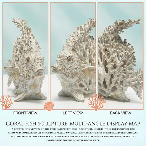 Miniatura 6 de Estatua de pez ángel de arrecife de coral blanco, decoración costera de playa, figura náutica del océano para baño, hogar, oficina, estante de mesa