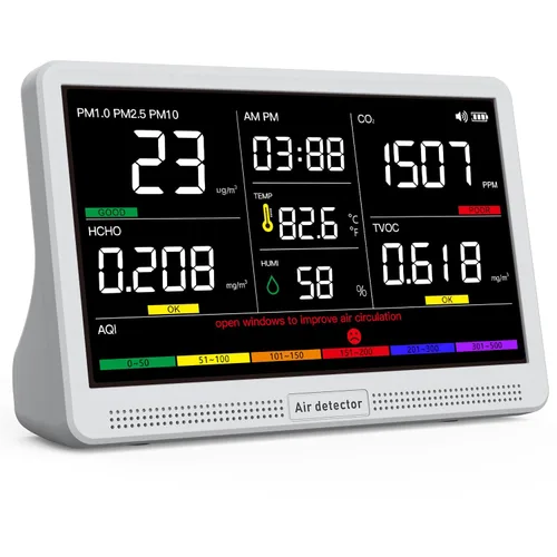 Monitor de calidad del aire 16 en 1 con pantalla de 17,8 cm (7") 9 alertas de IAQ+7, monitor de CO2, probador de calidad del aire para CO2, TVOC,