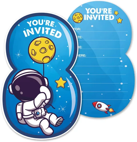 Outer Space - Invitaciones para fiesta de 8º cumpleaños con sobres, juego de 20 tarjetas de invitaciones con forma de astronauta de ocho formas,