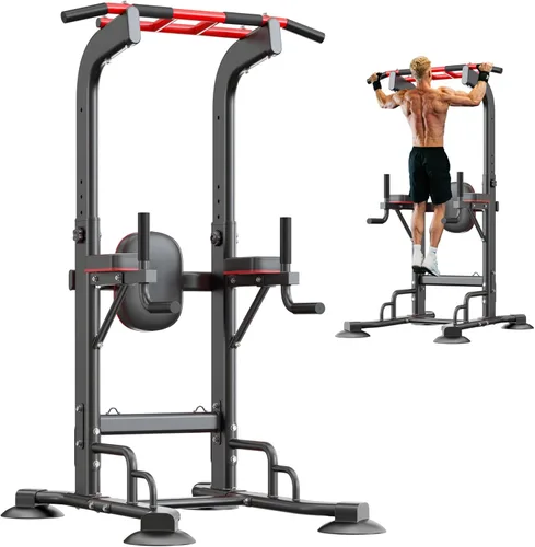 SogesHome Barra de dominadas y estación de inmersión, equipo de gimnasio en casa ajustable resistente para entrenamiento de fuerza, barra de Negro