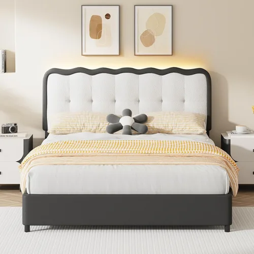 Miniatura 7 de BarnFurin Base de cama individual, cama de plataforma tapizada con cabecera de nube, marco de cama moderno con diseño suave anticolisión, no Negro
