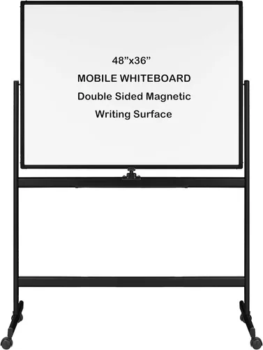 INNOVART Pizarra blanca móvil de 48 x 36 pulgadas, pizarra magnética de borrado en seco de doble cara reversible de 360° con soporte rodante