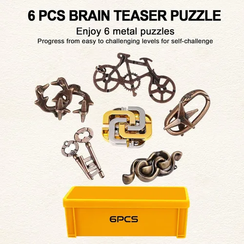 Miniatura 6 de 6 piezas de rompecabezas de metal, rompecabezas lógicos de metal para niños y adultos, juguete de cerradura, rompecabezas de regalo para adultos