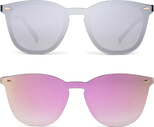 Rimless Wayfarer Anteojos de sol en una sola pieza lente espejo reflectante, anteojos para hombres mujeres