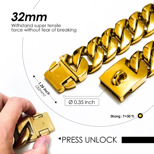 Miniatura 3 de txprodogchains Collar de cadena de perro grande con hebilla, fuerte y resistente, de 32 mm de grosor, collar de eslabones cubanos de acero