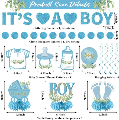Miniatura 2 de Decoraciones de baby shower para niño, 9 piezas de pancarta de revelación de género de niño con purpurina azul claro, centro de mesa, juego