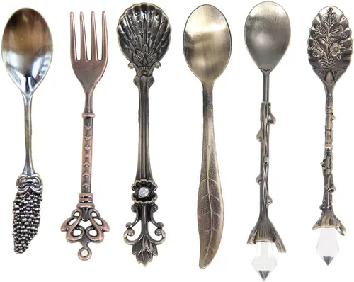 Cucharas de postre, cuchara de café, cucharadita, estilo vintage, de metal, tallada en metal, cucharas de postre para cocina, comedor, bar, 6