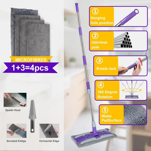Miniatura 4 de Trapeadores de microfibra para limpieza de suelos, trapeador plano en seco y húmedo con mango telescópico de acero inoxidable, 4 almohadillas Morado