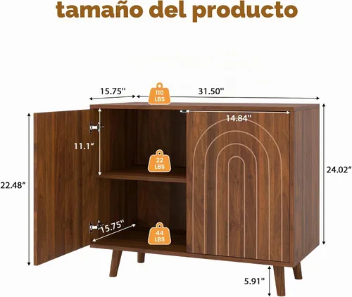 Miniatura 2 de weselon Gabinete Accent con Líneas Talladas, Aparador Moderno con Estantes Ajustables, Gabinetes de Almacenamiento Decorativos para Dormitorio, Sala