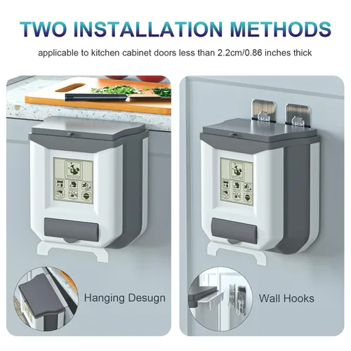 Miniatura 2 de HI NINGER Bote de basura pequeño con tapa, blanco grisáceo, 2.4 galones, plegable, sello de olor, cubo de compost de cocina, colgante, portátil