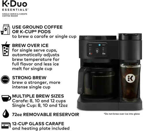 Miniatura 7 de K-Duo Essentials, cafetera de una sola porción para cápsulas de café caliente y helado y jarra, depósito de 72 Oz, múltiples tamaños de infusión