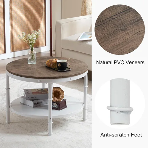 Miniatura 3 de VINGLI - Mesa de café de granja redonda de nogal oscuro y blanco de 25.6", mesa de centro con 2 estantes de almacenamiento para sala de estar