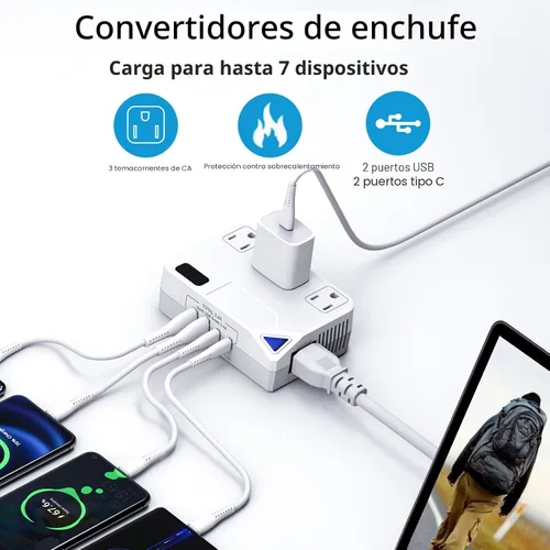 Miniatura 8 de Enchufe de conversión de 250 W, convertidor de viaje internacional con 2 puertos USB y 2 puertos USB-C, reducción de 220 V a 110 V para áreas de 100