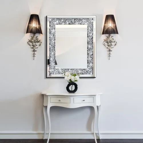 Miniatura 5 de QMDECOR Espejo de Pared Decorativo Rectangular Brillante para Decoración del Hogar con Decoración de Diamante Crush de Cristal Plateado