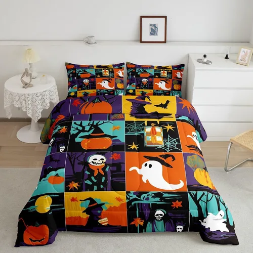 Miniatura 19 de Erosebridal Juego de ropa de cama de murciélago de Halloween, tamaño individual, juego de edredón de estrellas con purpurina y galaxia para niños
