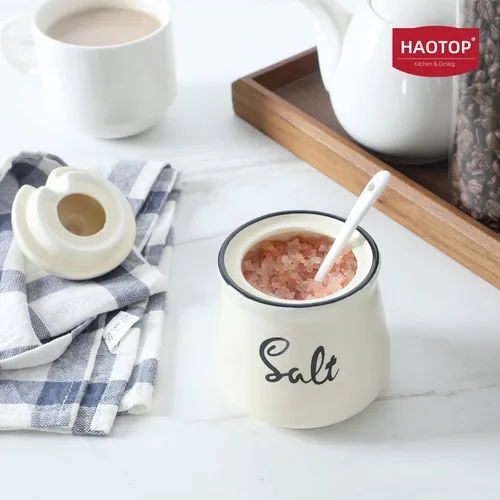 Miniatura 4 de Farmhouse - Sal de porcelana con tapa y cuchara, 12 onzas, fácil de limpiar (beige)