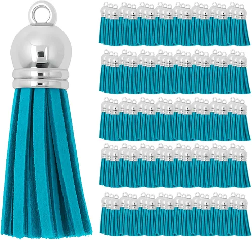 Miniatura 27 de Mandala Crafts 100 borlas de gamuza sintética color aguamarina con tapa dorada, suministros para hacer llaveros a granel, pequeñas borlas de cuero