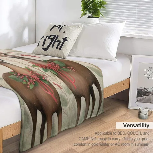 Miniatura 5 de Elegante manta de Navidad con diseño de ciervos y bayas rojas y verdes, diseño de renos de invierno, con diseño de ciervos y bayas rojas, manta