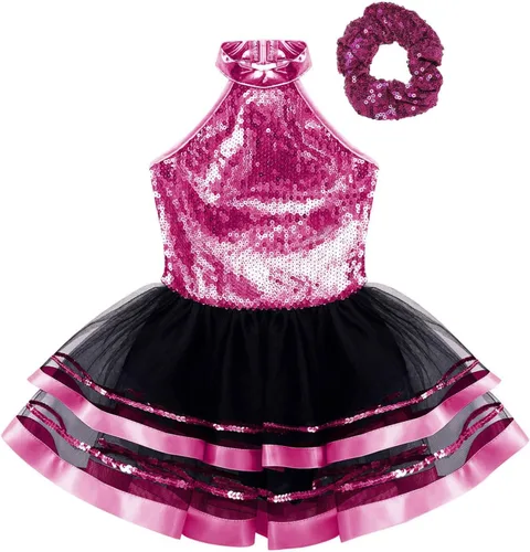 Miniatura 43 de CHICTRY Vestido tutú de ballet con lentejuelas brillantes para niñas y niñas, moderno disfraz de baile latino de jazz