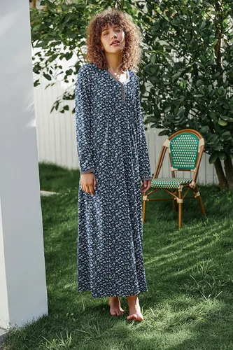 Miniatura 4 de Ekouaer - Camisón de manga larga para mujer, estilo informal con botones, Henley, vestido de dormir largo