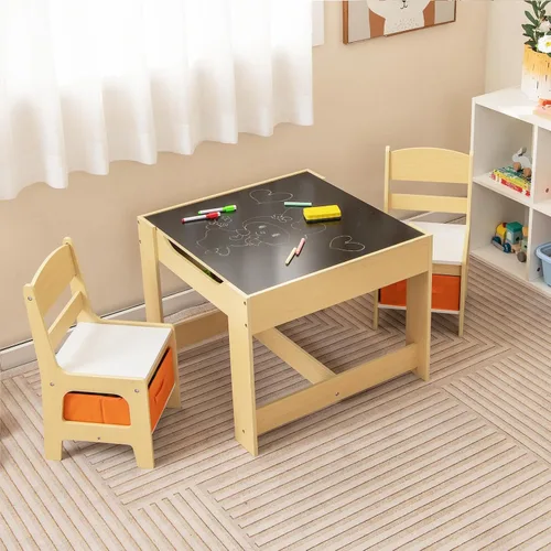 Miniatura 11 de KOTEK Juego de mesa y 2 sillas de madera para niños con pizarra y cajones de almacenamiento, mesa de actividades múltiples para niños para aprender