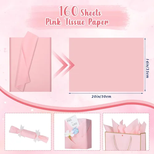 Miniatura 2 de woric 160 hojas de papel de seda rosa para bolsas de regalo de 20 x 14 pulgadas, papel de seda de envoltura a granel para manualidades