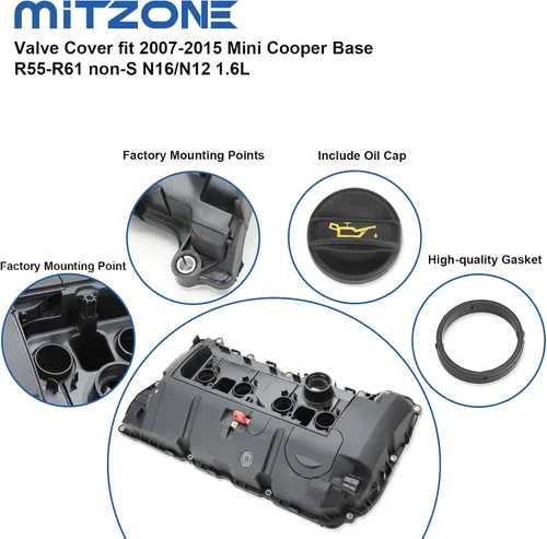Miniatura 4 de MITZONE Cubierta de válvula de culata compatible con 2007-2016 Mini Cooper Base R55-R61 non-S N16/N12 1.6L Reemplazar 11127646554
