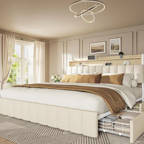 Miniatura 15 de PRAISUN Base de cama de tamaño matrimonial con cabecera tapizada y estación de carga, marco de cama de metal de tamaño matrimonial con 4 cajones