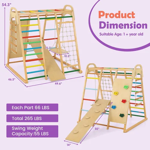 Miniatura 8 de INFANS Gimnasio de la selva para interiores, juego de escalada para interiores Montessori de 8 en 1 para niños, juego de madera para escaladores