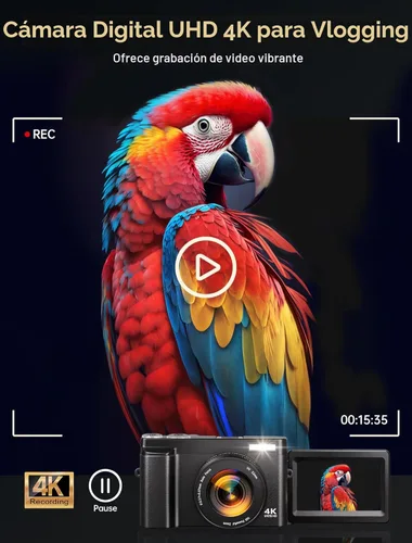 Miniatura 2 de Cámara digital 4K para fotografía, cámara de vlogging WiFi de 64MP con enfoque automático para YouTube con pantalla giratoria de 3'' 180°, cámara