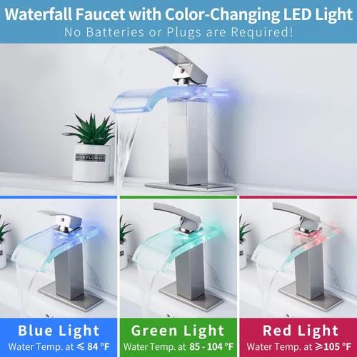 Miniatura 2 de Grifo de baño LED Y-Garhe, grifo de cascada para lavabo de baño de níquel cepillado, 1 agujero, centro de 4 pulgadas, luces LED que cambian