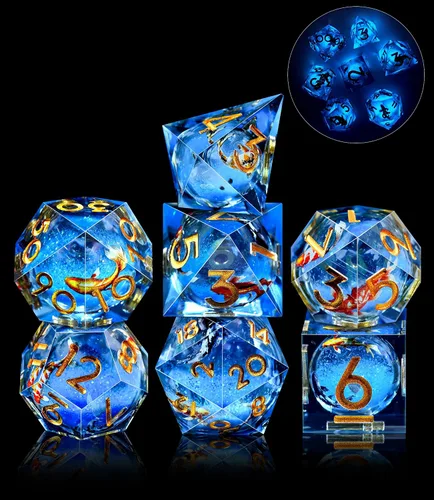 Miniatura 8 de AUSTOR Juego de dados DND de resina de núcleo líquido, de borde afilado poliédricos, juego de 7 dados DND de arena movediza hechos a mano de resina