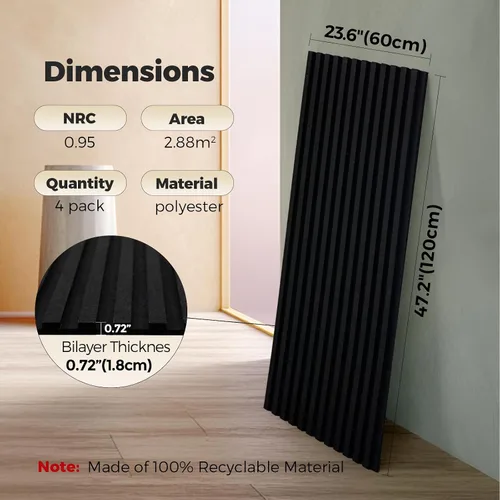 Miniatura 2 de Paquete de 4 paneles de pared acústicos de doble capa grandes autoadhesivos, 47.2 x 23.6 x 0.71 pulgadas, panel de pared insonorizado, barrera