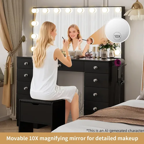 Miniatura 6 de VOWNER Tocador con espejo iluminado - Escritorio de maquillaje con luces y 11 cajones, 3 modos de iluminación de color con brillo ajustable