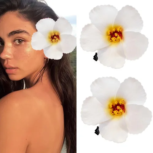 Miniatura 16 de 4 pinzas hawaianas para el cabello de Plumeria Galsang con flores para fiesta en la playa (4 unidades, blanco)