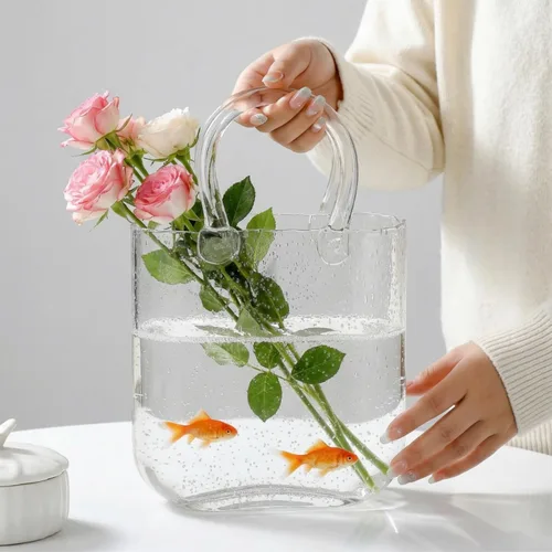 Miniatura 3 de Noamus Florero Bolso para Flores, Jarrones Únicos de Vidrio Transparente en Forma de Bolsa con Asa, Florero de Flores con Forma de Bolso Pecera