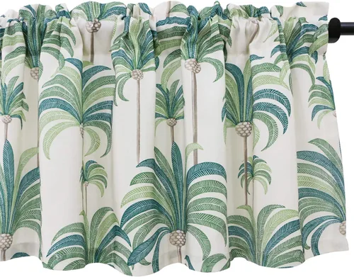 Miniatura 8 de VOGOL Cenefas azules para ventanas pequeñas, cenefas de ventana con estampado de hojas para sala de estar, cortinas cortas con bolsillo para barra
