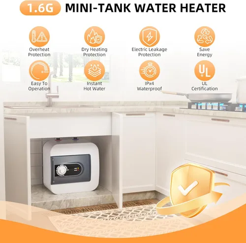 Miniatura 3 de Calentador de agua eléctrico de 1.6 galones, 1500 W bajo el fregadero, calentador de agua caliente bajo demanda, punto de uso montado en la pared