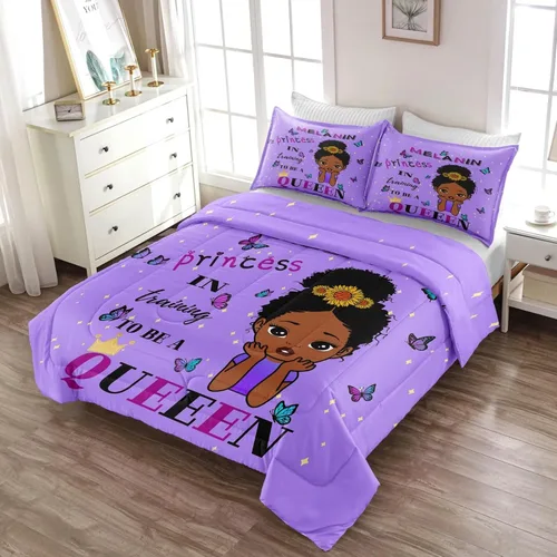 Miniatura 5 de Juego de edredón de niña negra tamaño individual para niños, juego de ropa de cama mágica para niñas negras, edredón de Christan inspirador