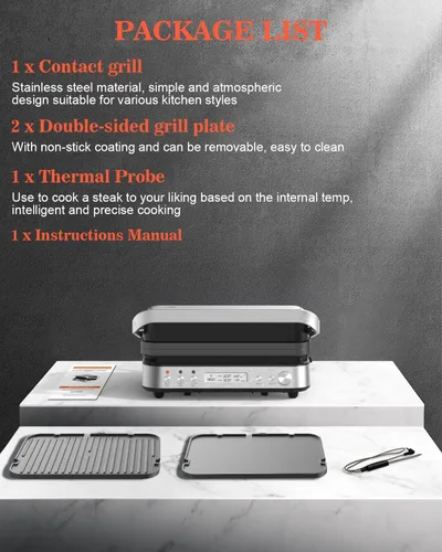 Miniatura 9 de Prensa Panini Parrilla Sandwichera con Platos Extraíbles, 1600W, 5 en 1 Parrilla Interior Sin Humo y Plancha con Termómetro para Carne, Parrillas