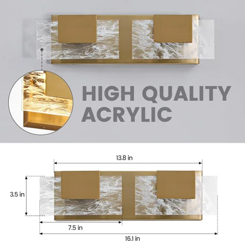 Miniatura 2 de Luz LED para Tocador de Baño: Accesorios de Iluminación Modernos de Acrílico en Dorado Cepillado de 16 pulgadas - 2 Luces Contemporáneas de Acabado