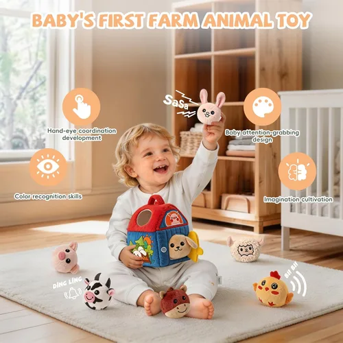 Miniatura 3 de SAIMAND Juguetes para bebés de 6 a 12 meses, granero con animales de granja de peluche, juguete Montessori para bebés, juguetes sensoriales