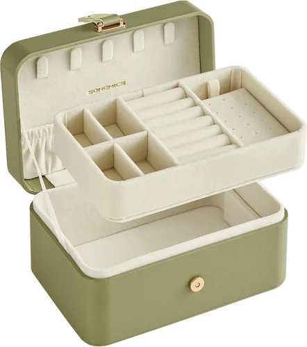Miniatura 30 de SONGMICS Caja organizadora de joyas, estuche de viaje de 2 capas para aretes, collares, pulseras, almacenamiento portátil de joyas con gran Verde