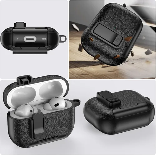 Miniatura 6 de Funda de cuero con clip de bloqueo para AirPods Pro 2ª/1ª con mosquetón, soporte de carga inalámbrica con soporte, cubierta de protección resistente