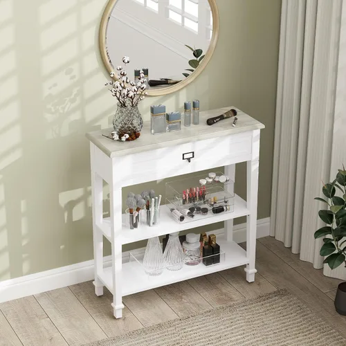 Miniatura 4 de kinbor Accent - Mesa consola blanca con cajón y estante, mesa de sofá de madera con almacenamiento para entrada, pasillo, sala de estar