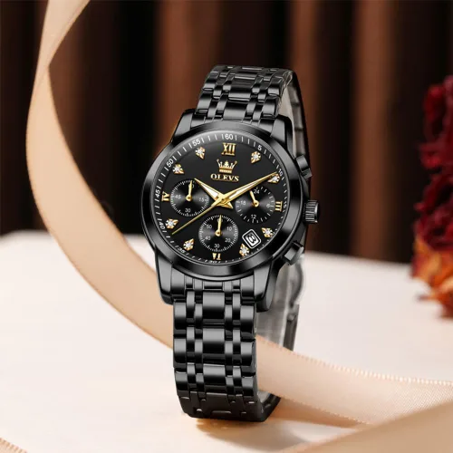 Miniatura 6 de OLEVS Reloj multifuncional de dos tonos para mujer, reloj analógico de cuarzo para mujer, de acero inoxidable, resistente al agua, con diamantes
