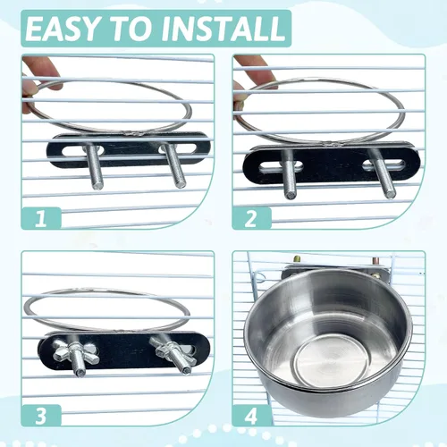 Miniatura 4 de PINVNBY 2 piezas cuencos de acero inoxidable para pájaros, cuencos para agua y alimentos con soporte de abrazadera, comedero de pájaros, tazones