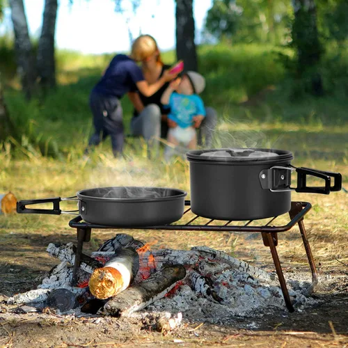 Miniatura 7 de Odoland 15pcs Camping Cookware Mess Kit, Non-Stick Lightweight Pot Pan Kettle Set with Stainless Steel Cups Plates Forks Knives Spoons for Camping