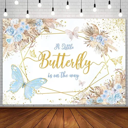 Miniatura 11 de AIBIIN Telón de fondo bohemio de mariposa para baby shower, de 7 x 5 pies, con texto en inglés "A Little Butterfly is on the Way", fondo de Azul