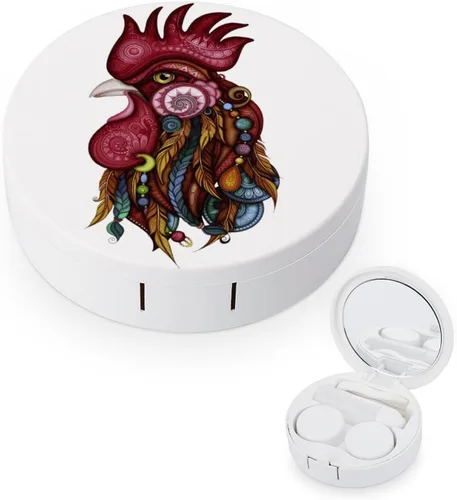 Kit de viaje con lente de contacto con diseño tribal de gallo, portátil, bonita caja de contacto con espejo para uso diario al aire libre